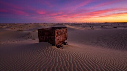Weathered Brick Structure Amidst Sand Dunes Under A Vibrant Sunset Sky