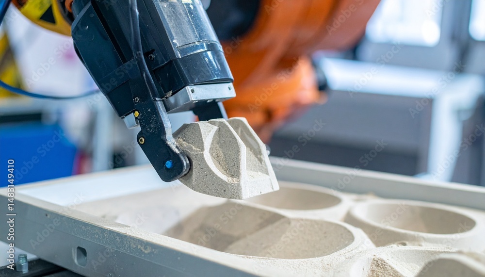 Poster a robotic arm picking up a white object in a manufacturing facility. the arm is moving with precisio