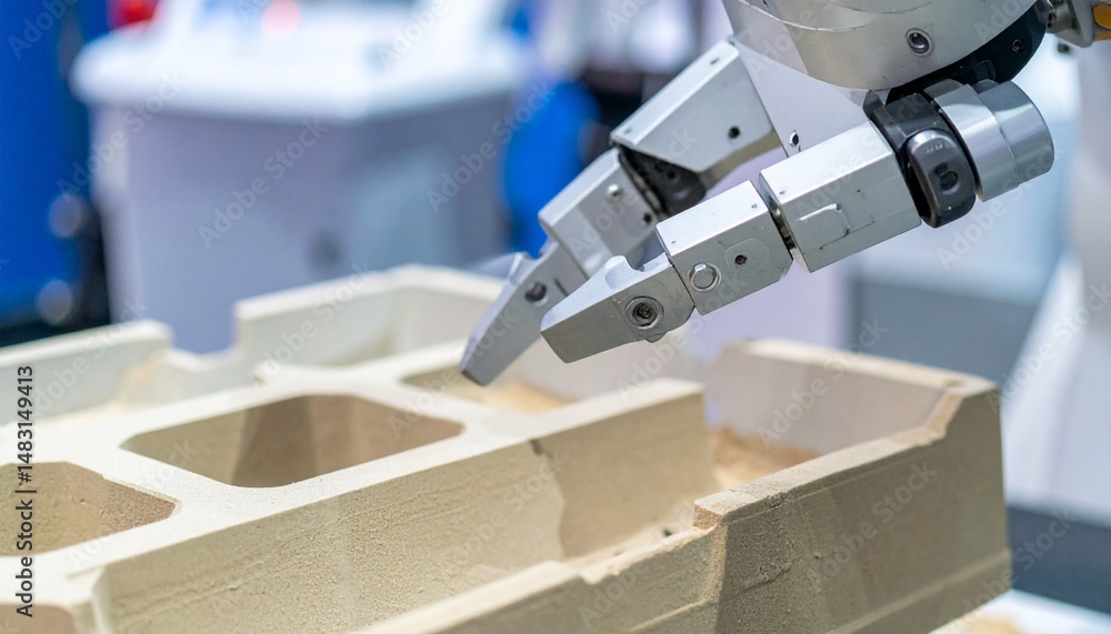 Poster a robotic arm precisely placing a component into a mold during a manufacturing process. the image sh