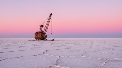 Weathered Crane on Salt Flat at Sunset with Pink and Purple Sky Landscape Horizon Scene