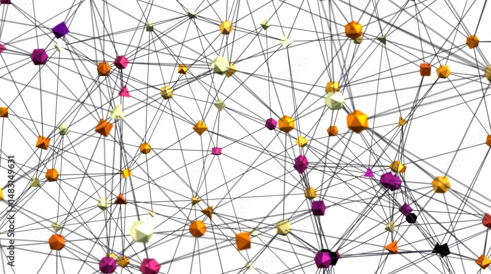 Poster Stock photo of an abstract network with colorful nodes and connecting lines. Ideal for technology, connection, and communication concepts.