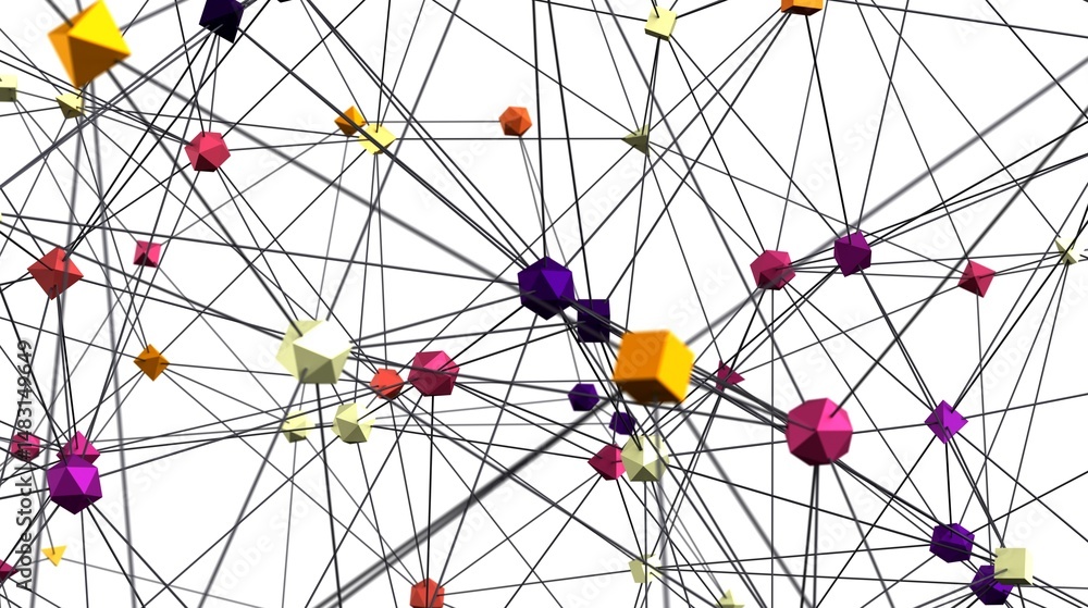 Poster Stock photo of a complex network with colorful polygon nodes and connecting lines. Ideal for technology, connection, and networking concepts.