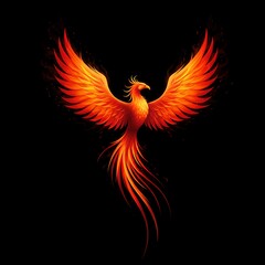 Fiery phoenix bird with outstretched wings rising in flames against a dark background