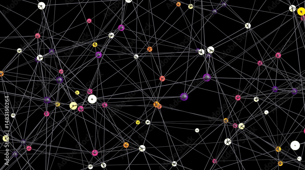 Poster Complex network visualization with colorful nodes connected by lines. Ideal for technology, data, or connection concepts.