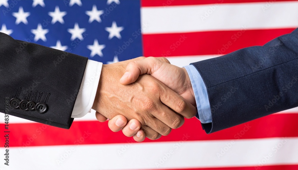 Poster a professional handshake in front of the american flag, symbolizing unity and agreement. the image c