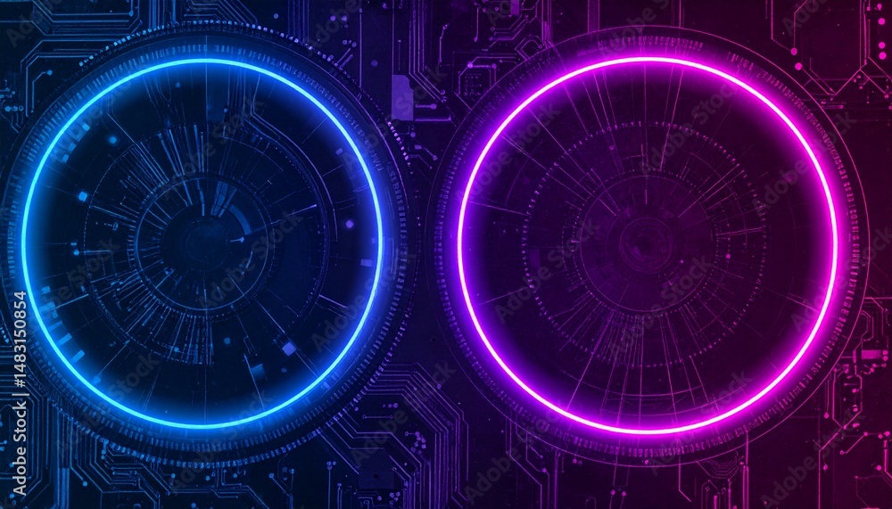 Poster two illuminated circles with circuit board in the background representing technology, data, and digi