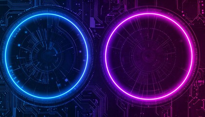 Two illuminated circles with circuit board in the background representing technology, data, and digital innovation