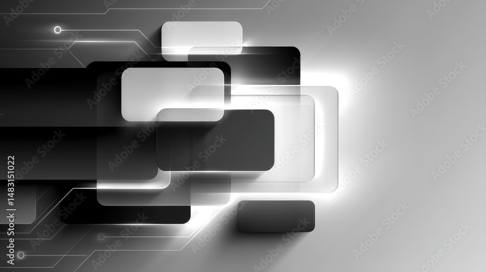 Poster modern tech presentation background with clean geometric shapes, digital circuits, soft black gradie