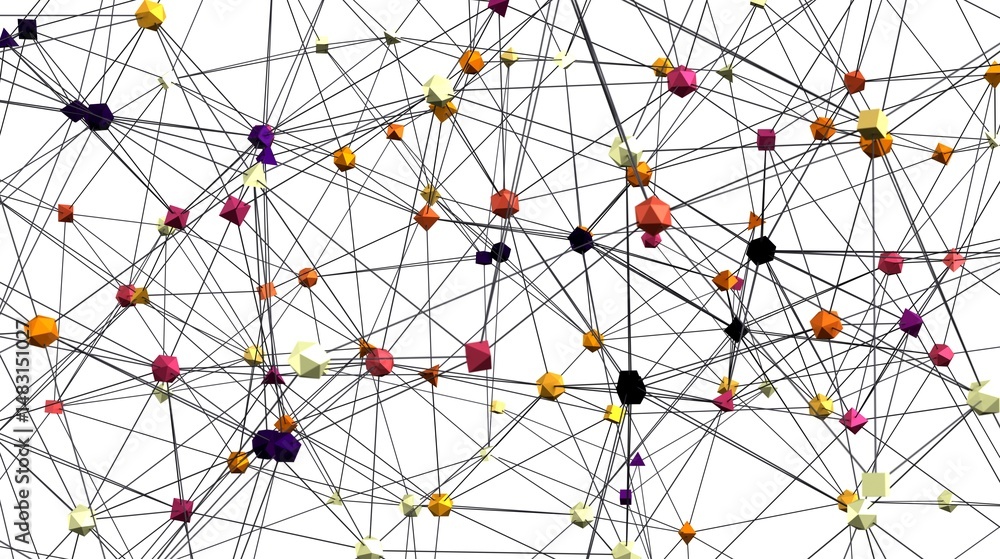 Poster Complex network visualization.  Colorful polygonal nodes connected by lines. Ideal for technology, data, or connectivity concepts.