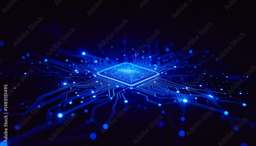 Poster a close-up shot of a computer chip with blue glowing lights and intricate circuits. the chip is cent