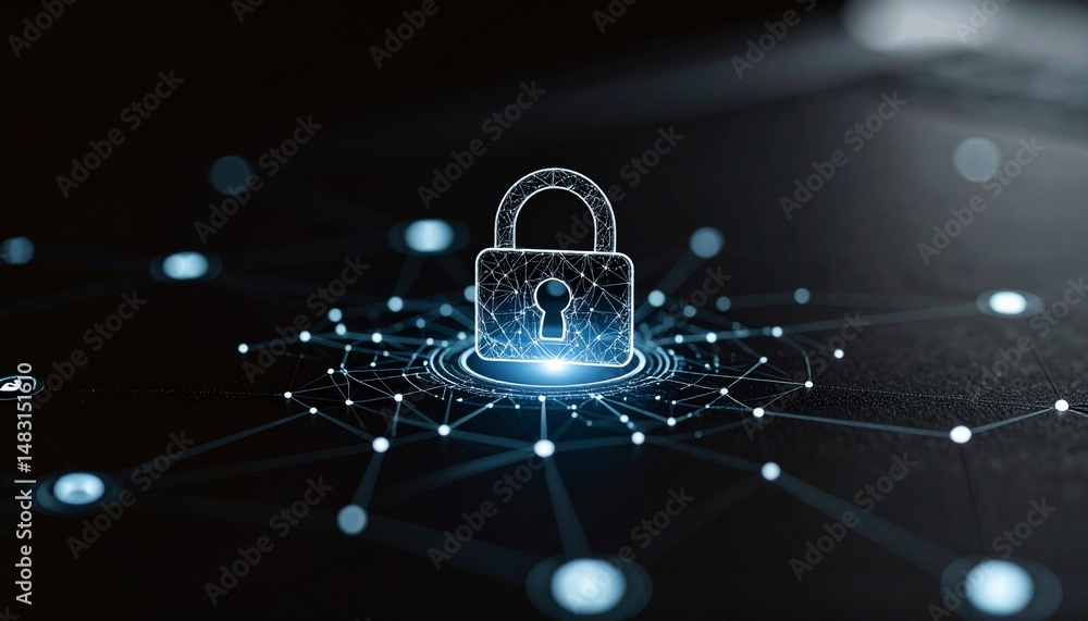 Poster cyber security concept with a glowing padlock icon. the padlock is connected to a network of illumin