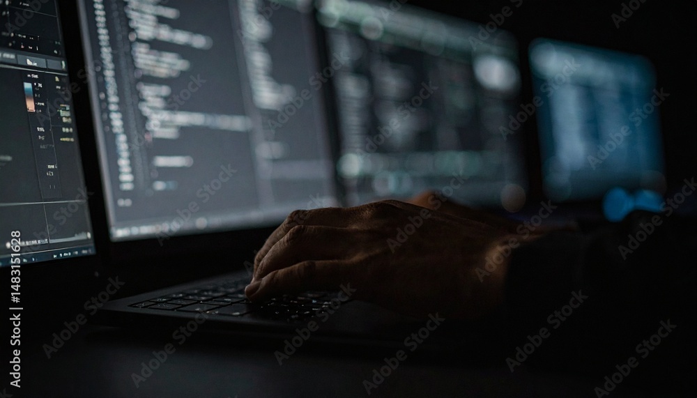 Poster a person typing at the computer, in a dark room. the person appears to be working with codes, shown 