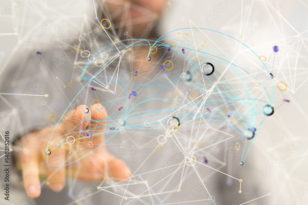 Poster Abstract image of a hand interacting with a complex network, representing connection and technology.