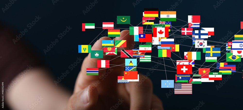 Poster Image of interconnected flags representing global collaboration and networking.