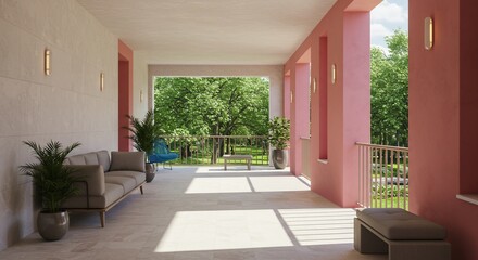 穏やか日差し ピンクの廊と緑溢れる景色 快適な空間