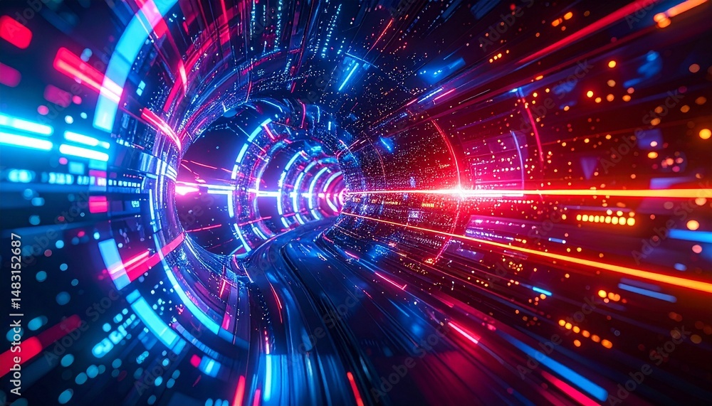 Poster abstract tunnel of digital data with vibrant lights. a sense of speed and movement is conveyed throu