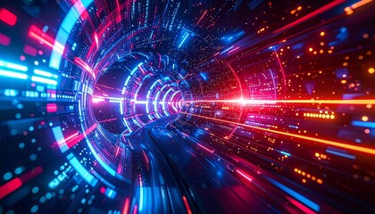 Fototapeta premium Abstract tunnel of digital data with vibrant lights. A sense of speed and movement is conveyed through the use of futuristic technology
