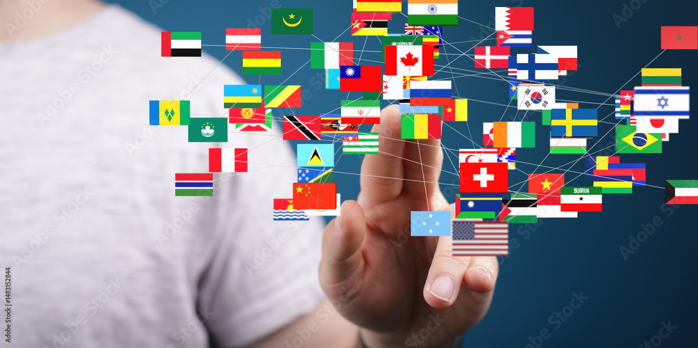 Poster A hand interacts with a network of flags, representing global connections and international relations.