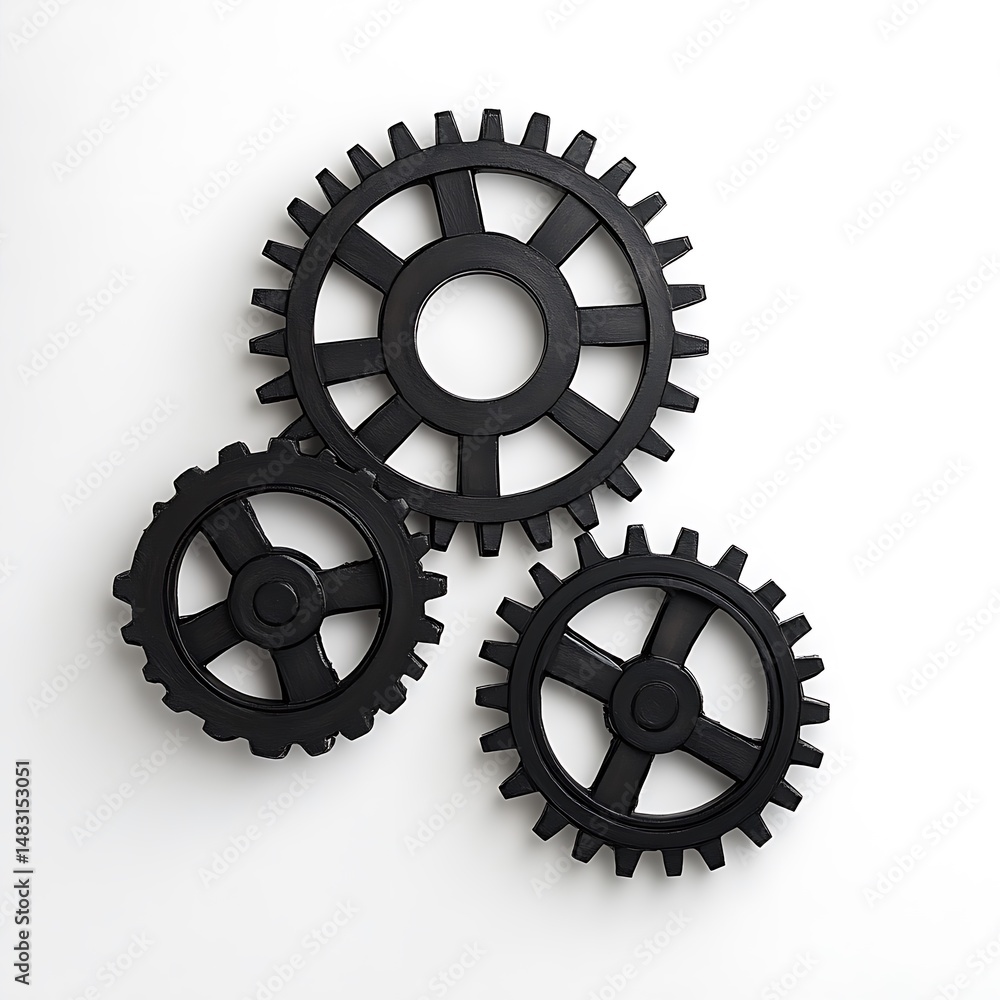 Poster interlocking gears mechanism: black cogwheels on white background illustrating motion, industry, pro