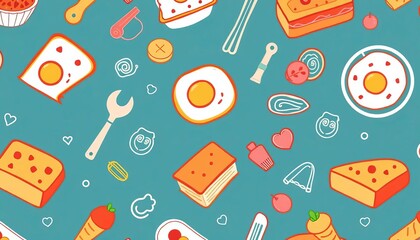 Seamless vector pattern of various breakfast, lunch, and pastry icons ideal for restaurant menus and decor, food, cafe