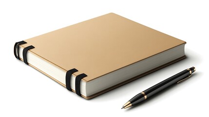 Minimalist notebook with pen placed beside on a clean white background featuring abundant negative space and 16k high resolution design, showcasing simplicity, stationery elegance