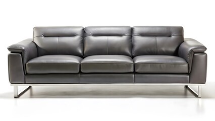 Fototapeta premium Contemporary Italian Matte Charcoal Gray Leather Sofa with Chrome Accents on White Background