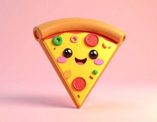 a cute, cartoonish slice of pizza is centered on a pink background. the slice has a yellow base with various toppings like circles of red, green, and tan, along with dark spots