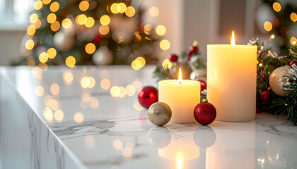 the scene showcases a festive arrangement on a surface with a marble pattern. two white pillar shaped objects are burning, casting a warm glow in the area
