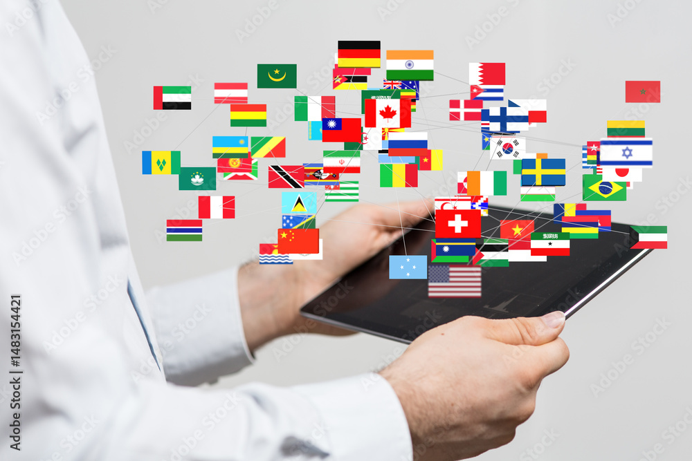 Poster international collaboration and networking. digital global connections. worldwide business.
