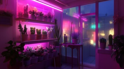Cozy plant shop illuminated by neon lights at night