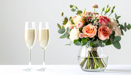 the image shows a bouquet next to two filled flutes. the champagne is in the glasses. the bouquet of flowers sits inside of a clear glass vase filled with water