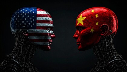 Image depicting two human-like figures facing each other with flags of USA and China on their heads. The composition reflects a sense of confrontation and geopolitical tension.
