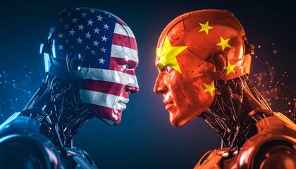 Two robotic heads with the American and Chinese flags painted on their faces, facing each other with a dark blue and red background. The image is symbolic of global competition, technology.