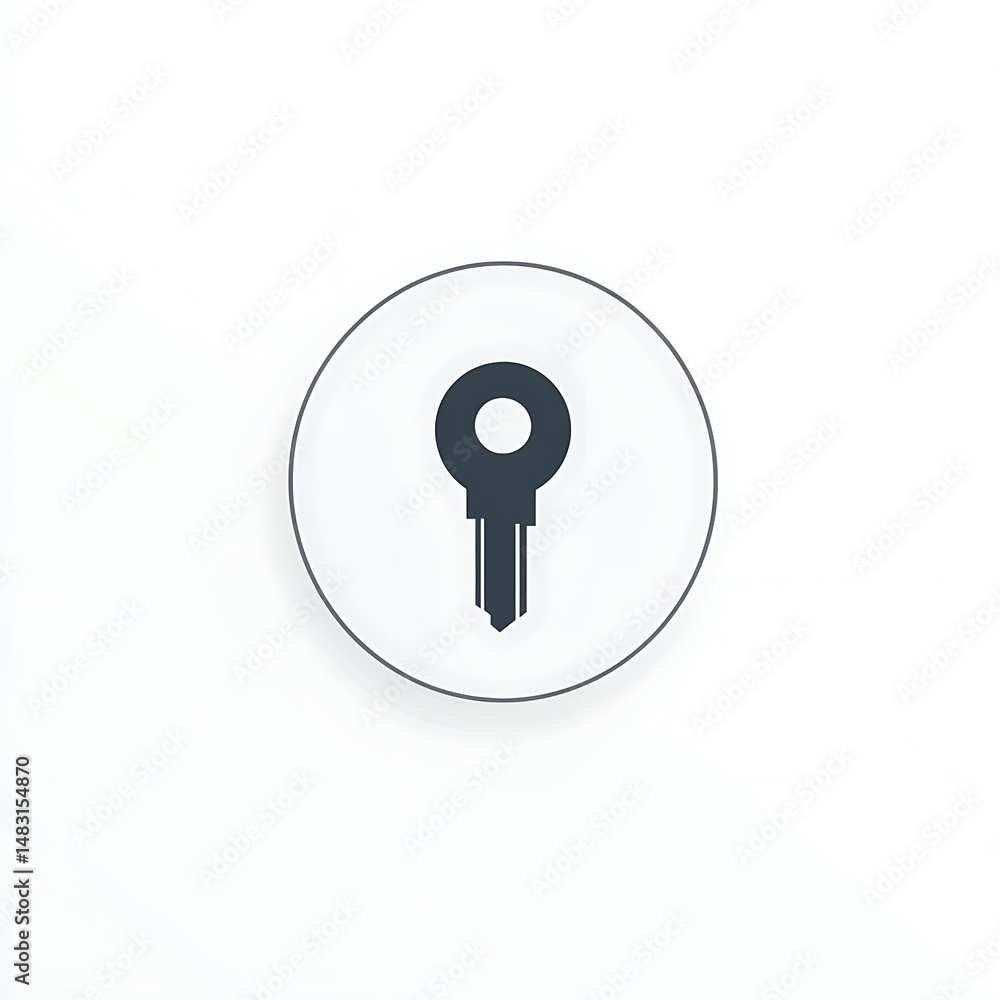 Poster isolated gray key on a white background in circular frame, security concept and access control, prot