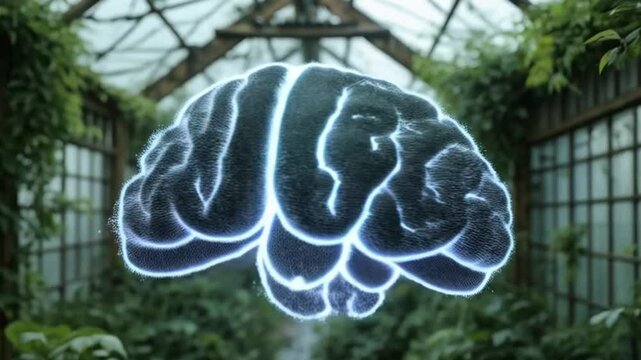 Crystalline circuit-based AI mind map hologram inside an overgrown greenhouse with soft sunlight leaking through leaves and ultra-real lens blur effects
