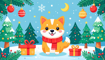 the image presents a stylized scene, likely for a seasonal celebration, set against a light blue backdrop with snow falling