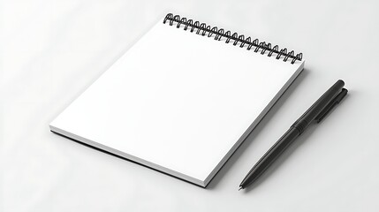 Minimalist notebook with pen placed beside on a clean white background featuring abundant negative space and 16k high resolution design, showcasing simplicity, stationery elegance