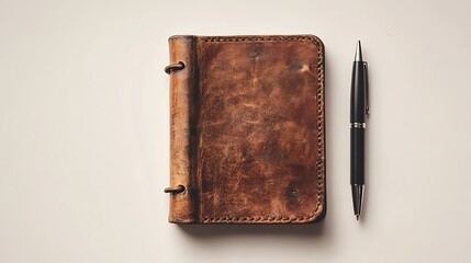 Minimalist notebook with pen placed beside on a clean white background featuring abundant negative space and 16k high resolution design, showcasing simplicity, stationery elegance