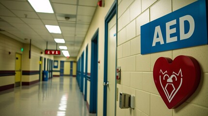 of a portable AED unit mounted on a wall with a clear heart symbol and emergency signage, located in a public hallway or station corridor "AED" [AED]:[heart] AED unit heart symbol public safety 