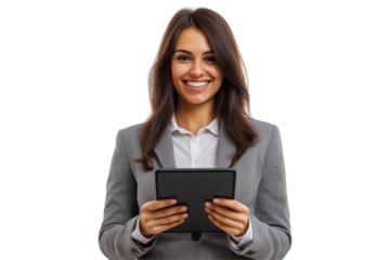 Happy businesswoman with tablet, business concept, isolated on transparent background