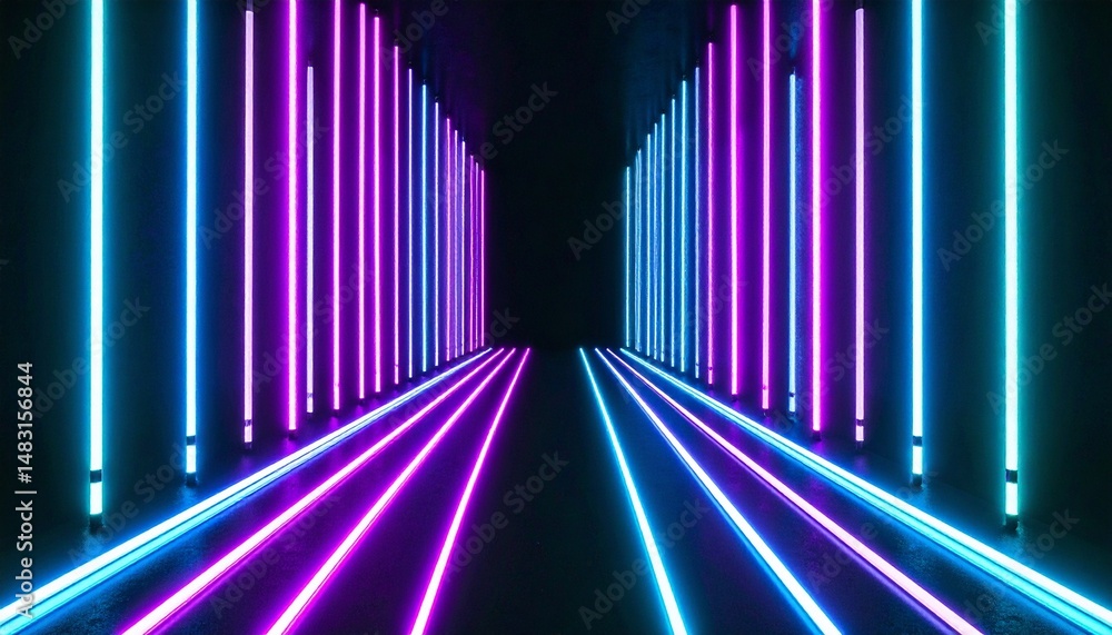 Poster neon lights creating a vibrant and futuristic hallway, leading into an unknown space. the symmetrica