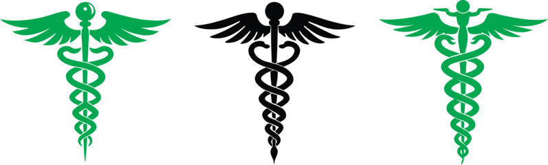 Medical caduceus silhouette, Medical symbol icon. Snake and stick with wings, Medicine logo, Vector illustration