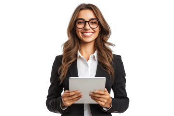 Happy businesswoman with tablet, business concept, isolated on transparent background