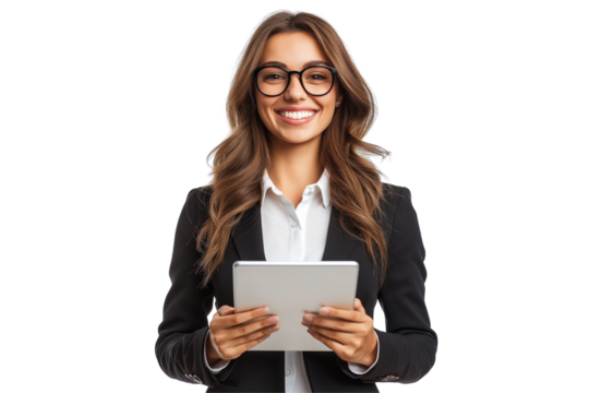 Happy businesswoman with tablet, business concept, isolated on transparent background