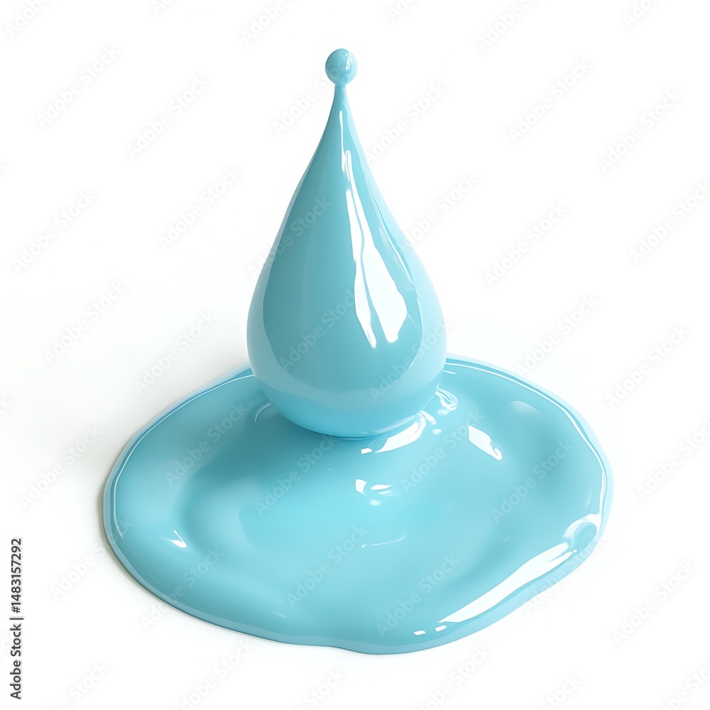 Poster light blue glossy liquid forming a smooth drop with spreading base on a clean white surface for crea