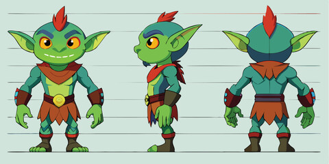 Naklejka premium Cartoon goblin character illustration in three views for fantasy and game design