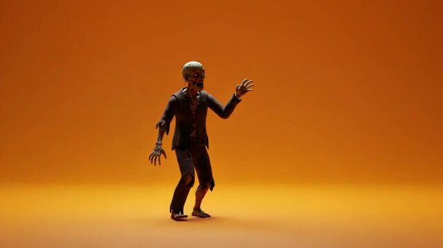 Spooky walking zombie character on orange background for halloween