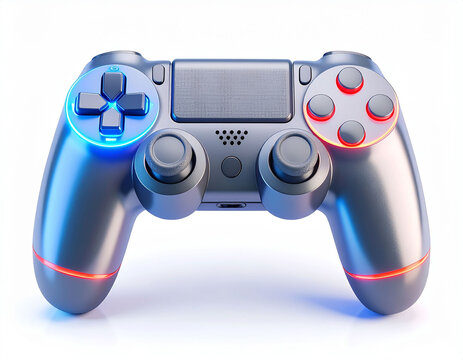 an elongated gaming controller is displayed against a clean white background. the controller is silver in color and features a cross shaped button on the upper left, surrounded by a blue light