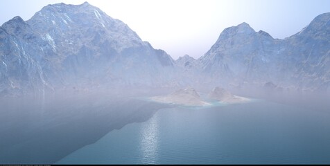 Glaciers in the ocean, icebergs in the sea, northern landscape, 3d rendering