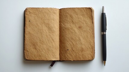 Minimalist notebook with pen placed beside on a clean white background featuring abundant negative space and 16k high resolution design, showcasing simplicity, stationery elegance